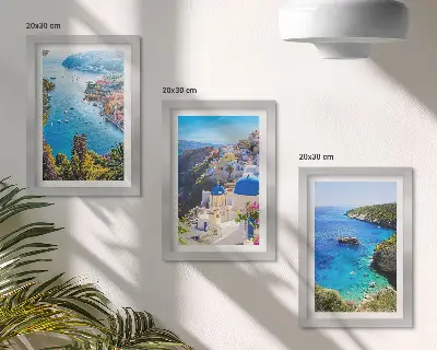 Pogled na grčko more i grad Oia na Santoriniju set od 3 slike u okviru