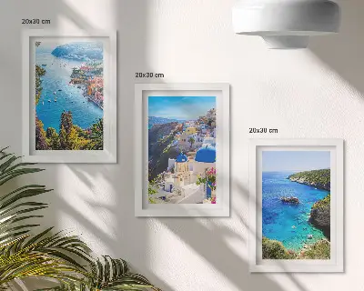 Pogled na grčko more i grad Oia na Santoriniju set od 3 slike u okviru