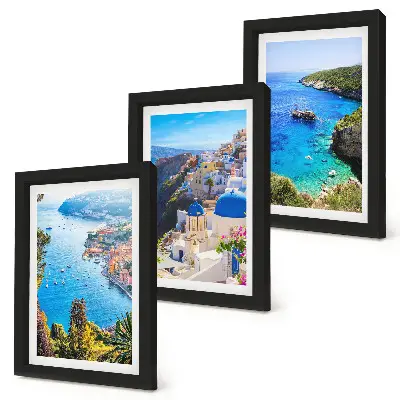 Pogled na grčko more i grad Oia na Santoriniju set od 3 slike u okviru