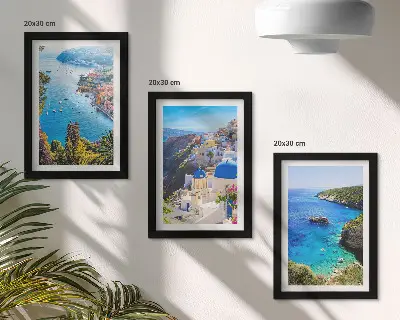 Pogled na grčko more i grad Oia na Santoriniju set od 3 slike u okviru