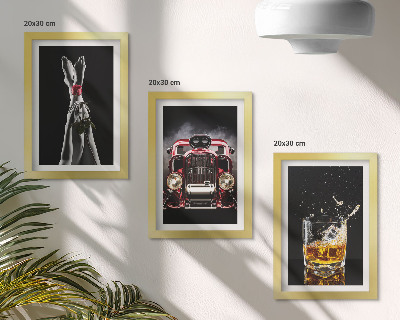 Set 3 slike u okviru Ženske noge s ružom, starim automobilom, čašom viskija