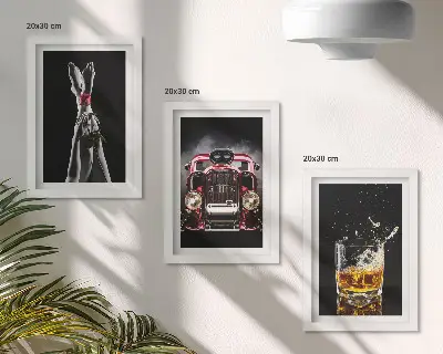 Set 3 slike u okviru ženske noge s ružom, starim automobilom i čašom viskija