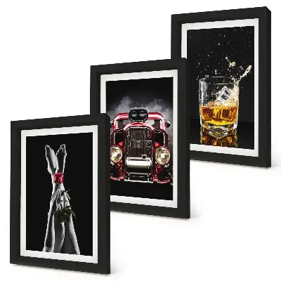 Set 3 slike u okviru ženske noge s ružom, starim automobilom i čašom viskija