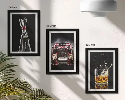 Set 3 slike u okviru ženske noge s ružom, starim automobilom i čašom viskija