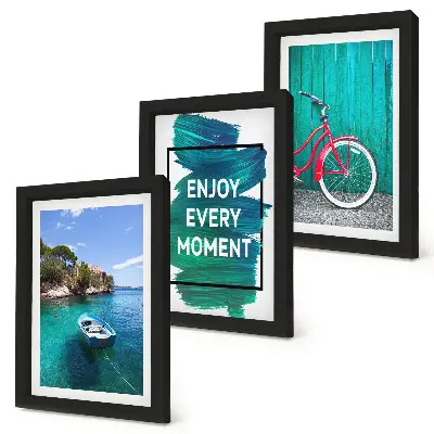 Zidna galerija slika pogled na more s inspirativnim natpisom, brodom i biciklom