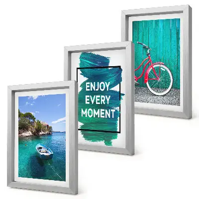 Zidna galerija slika pogled na more s inspirativnim natpisom, brodom i biciklom