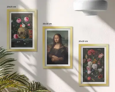 Komplet slika u okviru portret lubanje i Mona Lise s motivom starog cvijeća