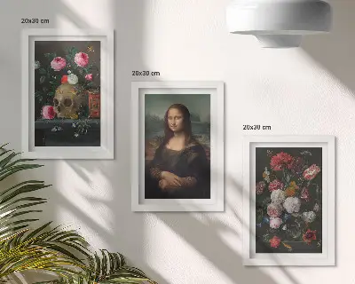 Komplet slika u okviru portret lubanje i Mona Lise s motivom starog cvijeća