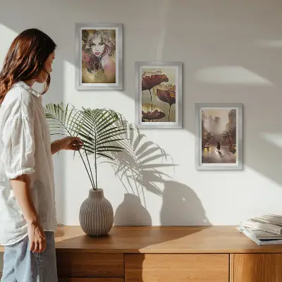Set 3 slike u okviru apstraktni portret žene s cvijećem i gradom na kiši