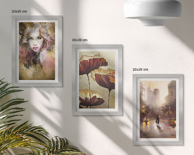 Set 3 slike u okviru Apstraktni portret žene, cvijeće, grad na kiši
