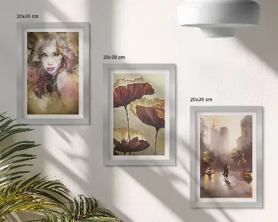 Set 3 slike u okviru apstraktni portret žene s cvijećem i gradom na kiši