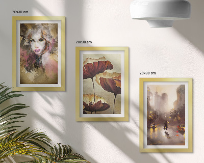 Set 3 slike u okviru Apstraktni portret žene, cvijeće, grad na kiši