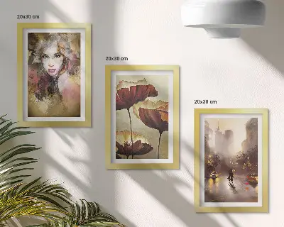 Set 3 slike u okviru apstraktni portret žene s cvijećem i gradom na kiši
