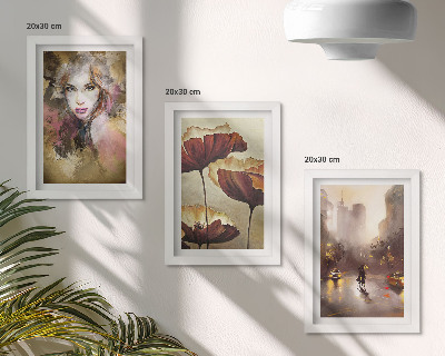 Set 3 slike u okviru Apstraktni portret žene, cvijeće, grad na kiši