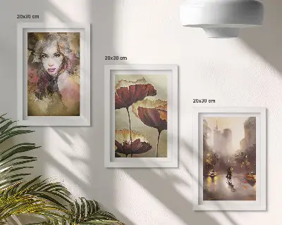 Set 3 slike u okviru apstraktni portret žene s cvijećem i gradom na kiši