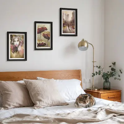 Set 3 slike u okviru apstraktni portret žene s cvijećem i gradom na kiši