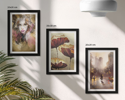 Set 3 slike u okviru Apstraktni portret žene, cvijeće, grad na kiši