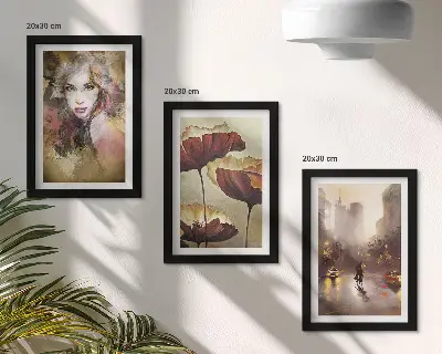 Set 3 slike u okviru apstraktni portret žene s cvijećem i gradom na kiši