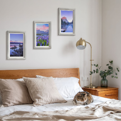 Set 3 slike u okviru Planinski krajolici s vodom, nebom i poljem cvijeća