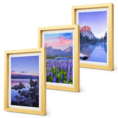 Set 3 slike u okviru Planinski krajolici s vodom, nebom i poljem cvijeća