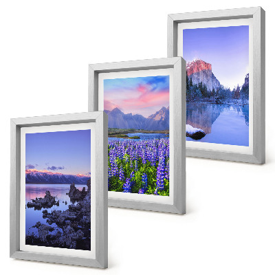 Set 3 slike u okviru Planinski krajolici s vodom, nebom i poljem cvijeća