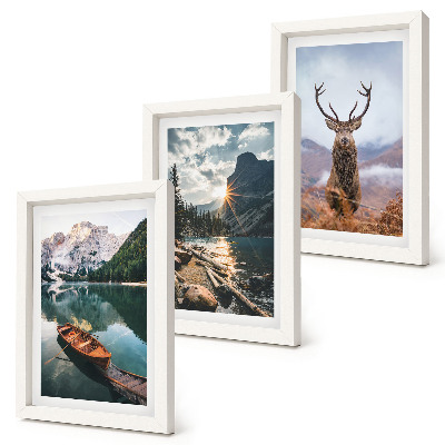 Set 3 slike u okviru Jelen u prirodi, čamac na planinskom jezeru, zalazak sunca