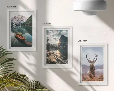 Set 3 slike u okviru jelen u prirodi, čamac na planinskom jezeru i zalazak sunca