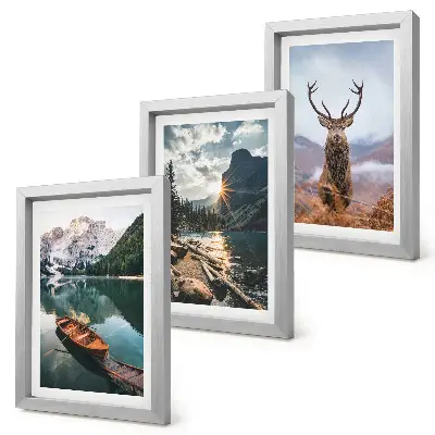 Set 3 slike u okviru jelen u prirodi, čamac na planinskom jezeru i zalazak sunca