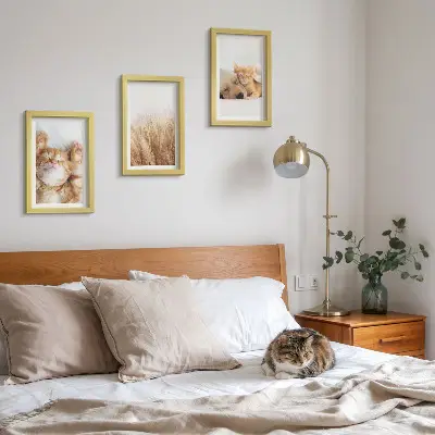 Zidna galerija slika slatke životinje s motivima mačaka i pasa u boho stilu na nježnoj travi