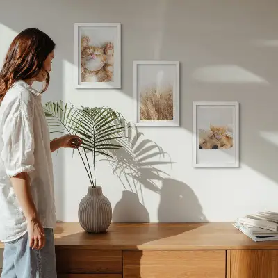 Zidna galerija slika slatke životinje s motivima mačaka i pasa u boho stilu na nježnoj travi