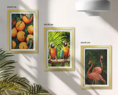Zidna galerija slika voćni akcenti s papigama i flamingosima u tropskom stilu