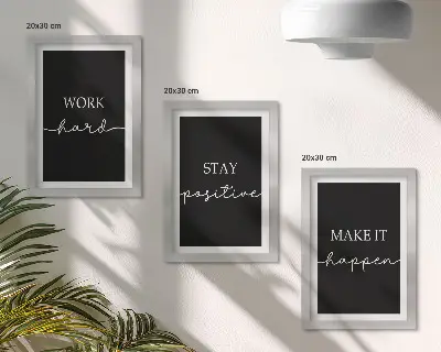Set 3 slike u okviru s elegantnim motivacijskim sloganima na crnoj pozadini