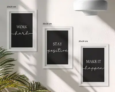 Set 3 slike u okviru s elegantnim motivacijskim sloganima na crnoj pozadini