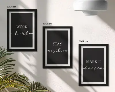 Set 3 slike u okviru s elegantnim motivacijskim sloganima na crnoj pozadini