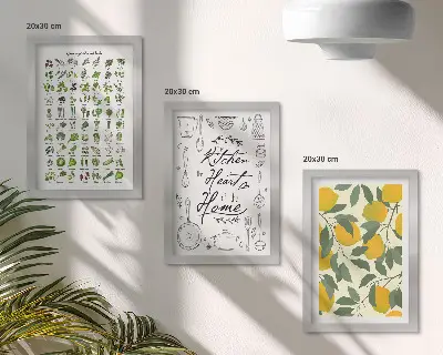 Zidna galerija slika s motivima začinskog bilja, kuhinjskog znaka i oslikanih limuna