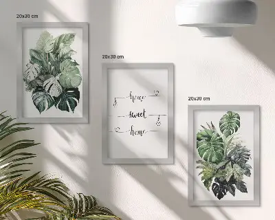 Komplet slika u okviru akvarel s motivom lišća monstere i natpisom dom, slatki dom