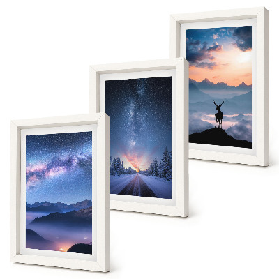 Set 3 slike u okviru Noćno nebo, planine, pejzaži u magli i jeleni