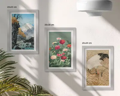 Komplet slika u okviru planinski krajolik s rijekom, cvijećem i ždralovima u travi