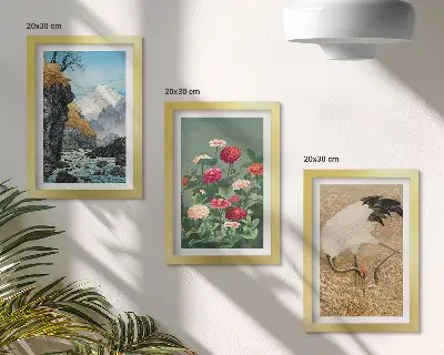 Komplet slika u okviru planinski krajolik s rijekom, cvijećem i ždralovima u travi