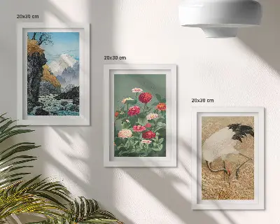Komplet slika u okviru planinski krajolik s rijekom, cvijećem i ždralovima u travi