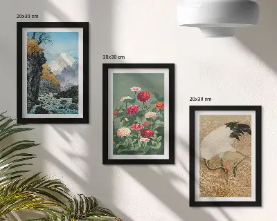 Komplet slika u okviru planinski krajolik s rijekom, cvijećem i ždralovima u travi