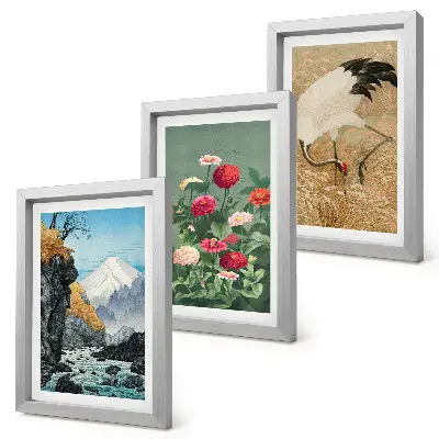 Komplet slika u okviru planinski krajolik s rijekom, cvijećem i ždralovima u travi