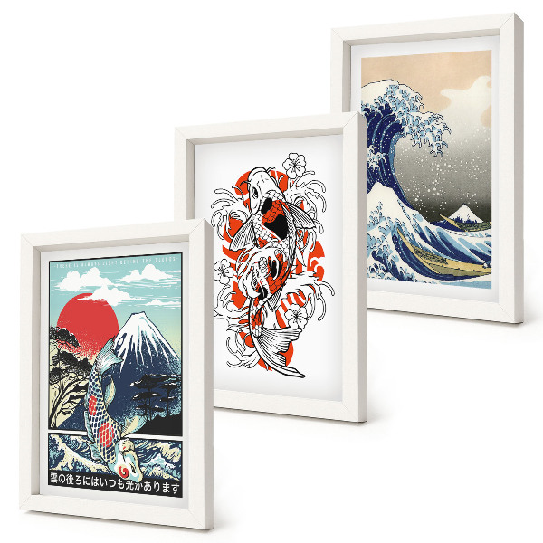 Set 3 slike u okviru Ilustracije planina riba i Velikog vala kod Kanagawe, japanski stil