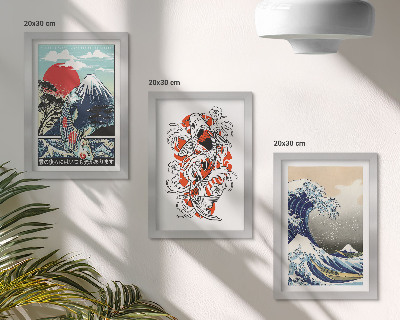 Set 3 slike u okviru Ilustracije planina riba i Velikog vala kod Kanagawe, japanski stil
