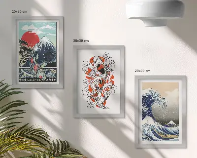Set 3 slike u okviru ilustracije planina, ribe i Velikog vala kod Kanagawe u japanskom stilu