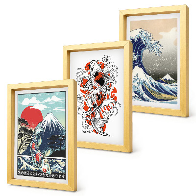 Set 3 slike u okviru Ilustracije planina riba i Velikog vala kod Kanagawe, japanski stil