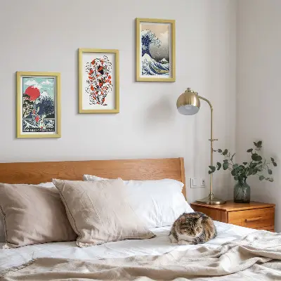 Set 3 slike u okviru ilustracije planina, ribe i Velikog vala kod Kanagawe u japanskom stilu