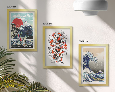 Set 3 slike u okviru Ilustracije planina riba i Velikog vala kod Kanagawe, japanski stil
