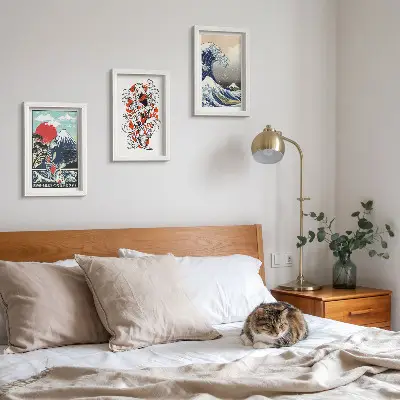 Set 3 slike u okviru ilustracije planina, ribe i Velikog vala kod Kanagawe u japanskom stilu