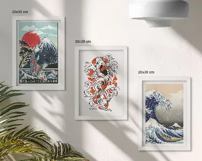 Set 3 slike u okviru ilustracije planina, ribe i Velikog vala kod Kanagawe u japanskom stilu